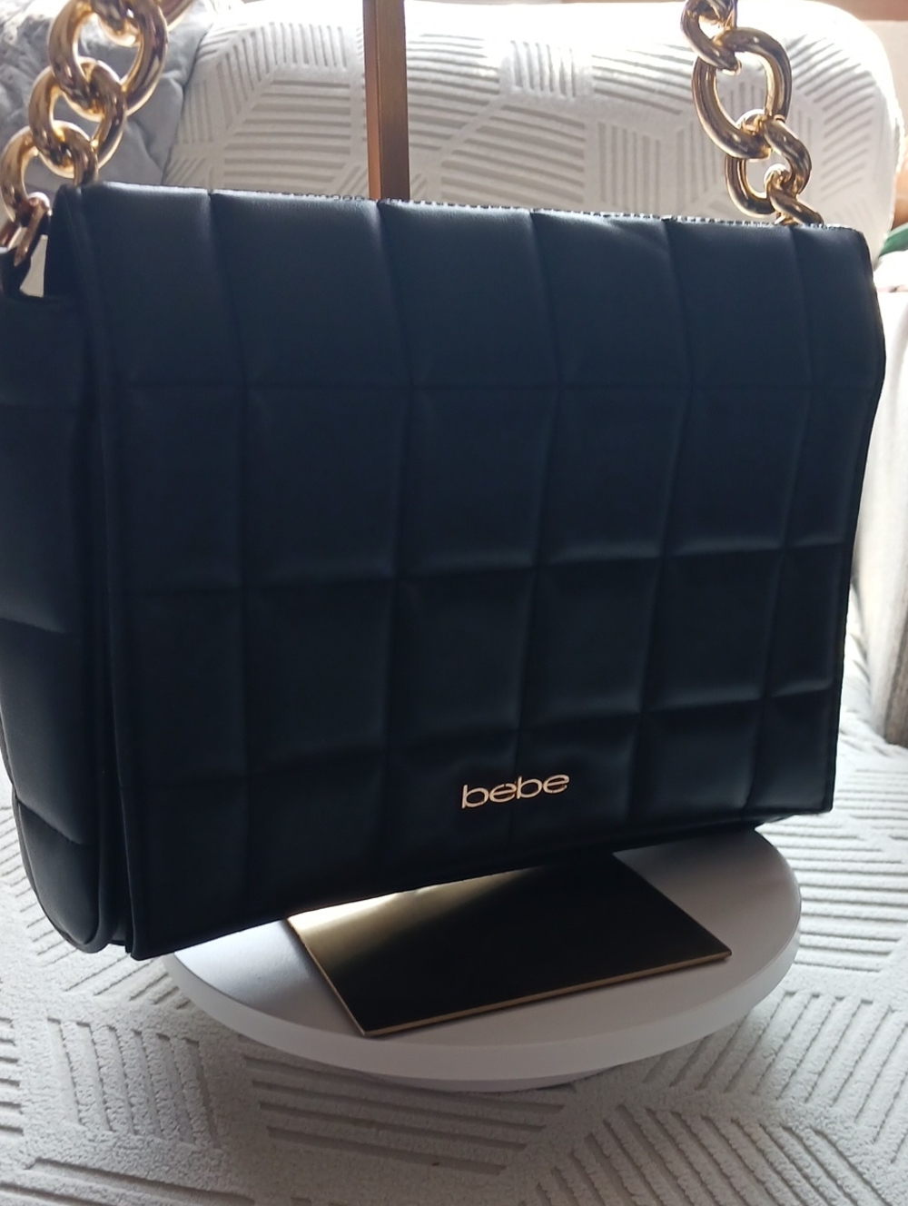bebe Quilted Black Shoulder Bag with Gold Chain Strap